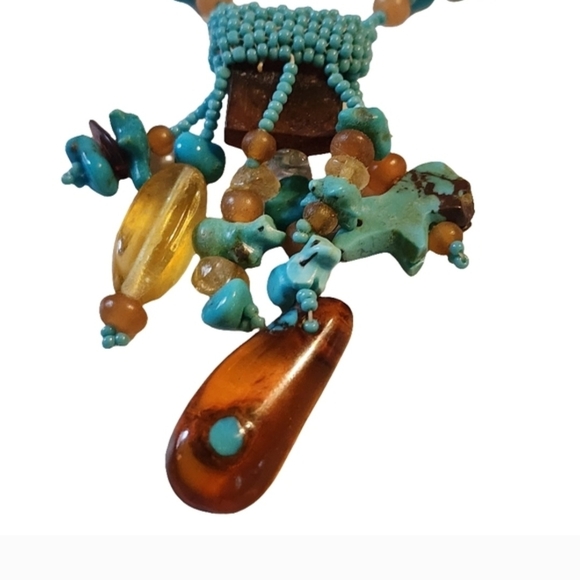 Native American Jewelry - Vintage Native American Turquoise and Amber Beaded Lariat Fetish Bear Necklace
